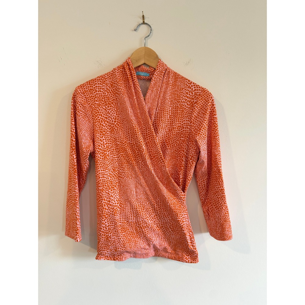 J.McLaughlin Orange Pink Pebble Print Faux Wrap Surplice Top Small Catalina